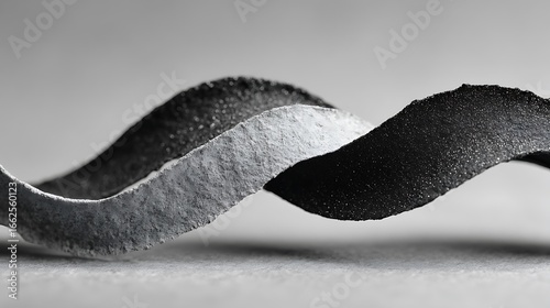 Black and white textured ribbons intertwined abstract