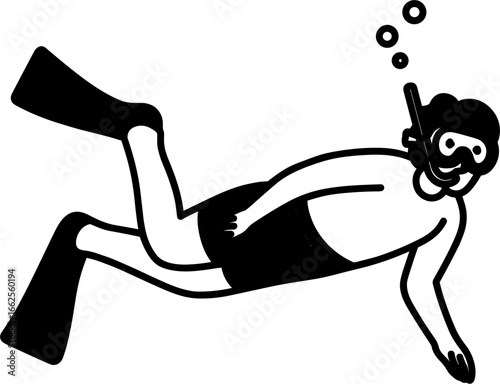 Simple Lineart Man Snorkeling Underwater with Flippers Illustration