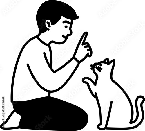 Simple Line Art Man Training Cute Cat Illustration Pet Interaction
