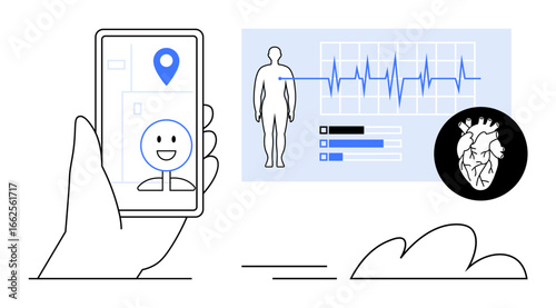 Smartphone with geolocation and happy face, human silhouette with heart rate data, and heart graphic. Ideal for health care, technology, innovation, telemedicine, mobile apps, diagnostics simple