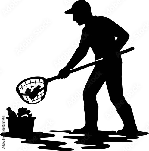 River Trash Collector Silhouette – Waterway Cleaning Activity Vector
