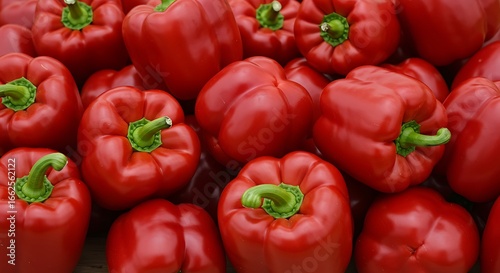 Vibrant Red Bell Peppers: A Close-Up of Fresh, Glossy Produce with Green Stems