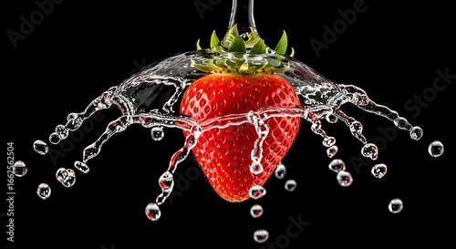 Vibrant Strawberry Crowned by Water Splash Against a Dark Black Background