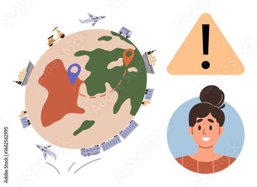 Earth with transport modes thumbs up trucks, planes, ships, and a marked location exclamation warning triangle, smiling woman portrait. Ideal for delivery, network, global supply chain, tracking