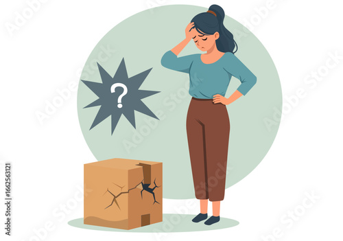 Flat illustration of a young woman, worried and disappointed with a damaged parcel box.