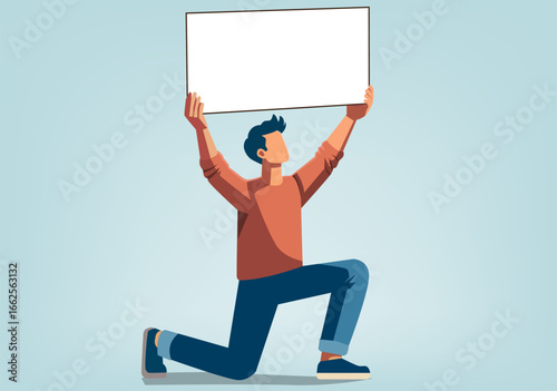 Flat illustration of a man kneeling and raising a vacant sign above his head.