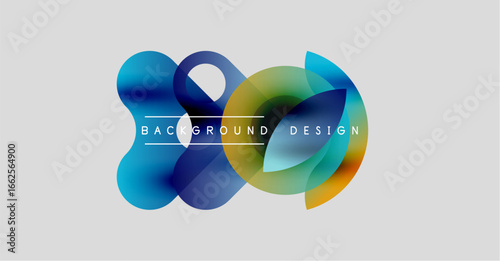 Abstract flowing shapes, vibrant colors, modern design. Background features overlapping translucent forms, creating dynamic visual effect.