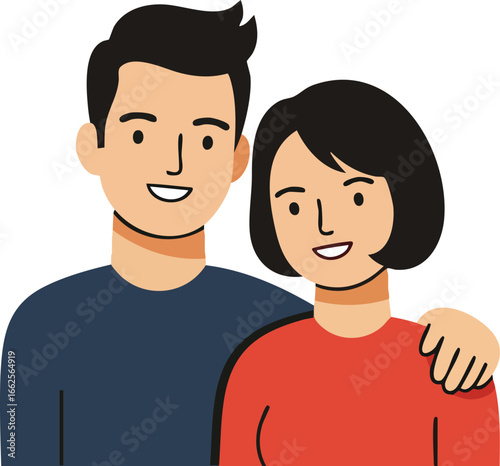 Young couple smiling together with arm around shoulder in casual clothing illustration vector 