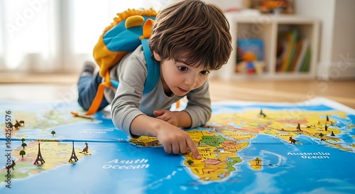 Young Boy with Lion Backpack Exploring World Map with Animal and Eiffel Tower Figurines