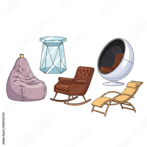 Collection of furniture illustrations: chairs, table, beanbag, rocking chair, chaise longue.