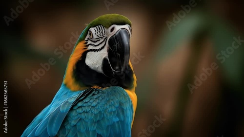 Close-up profile view of a vibrant blue and yellow macaw, showcasing detailed plumage and eye.