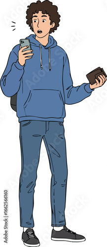 Young man with curly hair holding phone and wallet wearing blue hoodie and jeans casual style vector illustration 