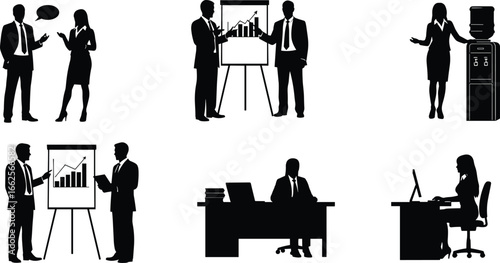 Silhouette businesspeople working in office, giving presentations, talking at water cooler, office desk scenes, teamwork, growth chart vector, corporate illustration