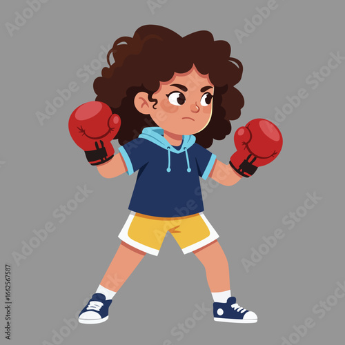 Young girl boxer in red gloves and sportswear training in fighting stance vector illustration 