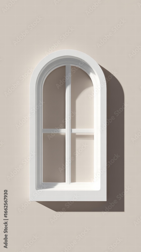 Fototapeta premium White arched window with grid pattern on light beige wall, casting shadow, for Christmas or New Year backdrop.