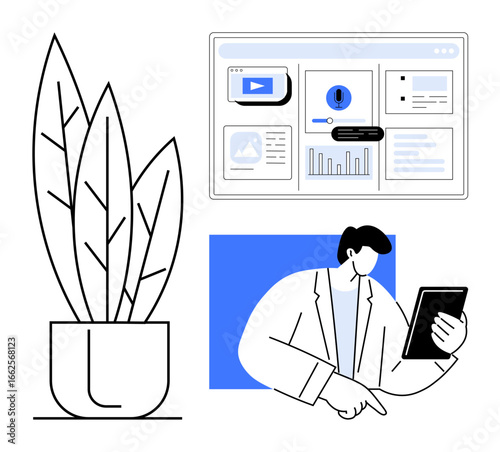 Man exploring digital data on tablet, dashboard with graphs and information, large plant beside. Ideal for technology, analytics, professional work, business, efficiency, expertise simple flat