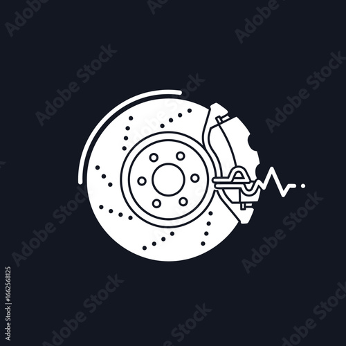 White outline of a car brake disc and caliper on dark background.