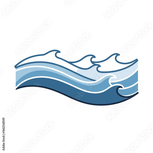 Stylized blue waves with white crests against a white background.