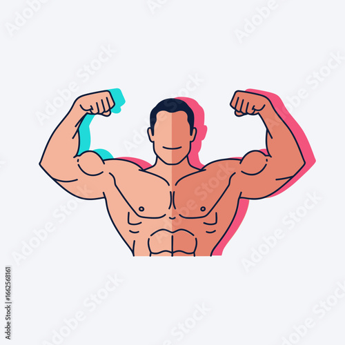 Muscular man flexing arms with stylized outline and shadow.