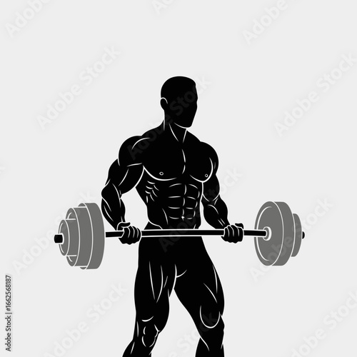 Muscular silhouette lifting a barbell with weights.