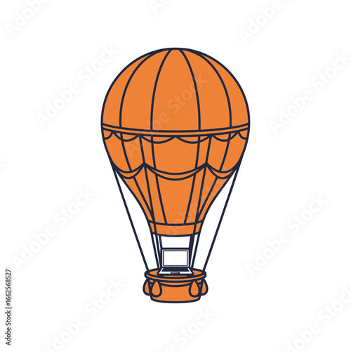 Orange hot air balloon with basket and ropes on white background.