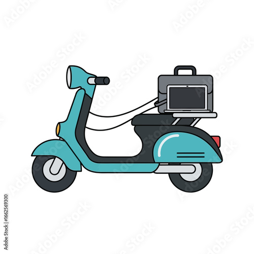 Teal scooter with a box on the back.