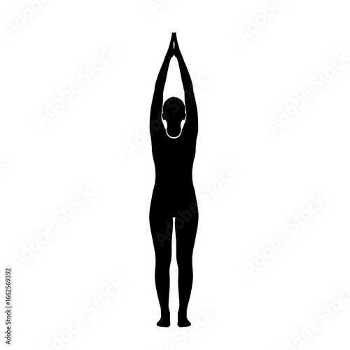 Silhouette of a person in a yoga pose with arms raised.
