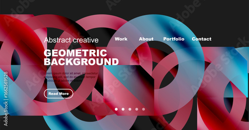 Abstract geometric background with text overlay. Website header includes navigation options, button, dots. Vibrant colors present.