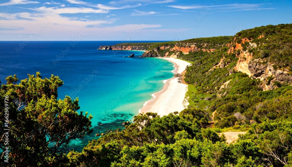 Obraz premium Coastal landscape with turquoise water and white sand beach