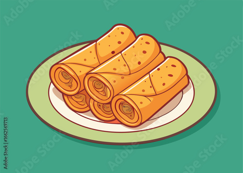 A vibrant cartoon illustration of four spring rolls neatly stacked on a plate.