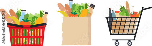 Set of Shopping bag and basket with grocery foods on png background