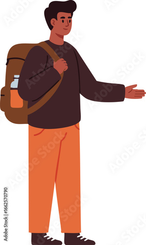 Young traveler man with backpack standing and gesturing in casual outfit vector illustration 