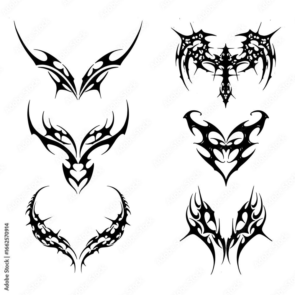 Obraz premium Tribal gothic black tattoo designs offer fierce unique artistry collection set. Vector illustration