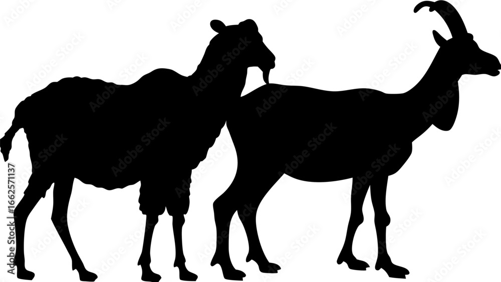 Fototapeta premium Silhouette illustration showing two goats standing side by side in a black and white animal depiction design