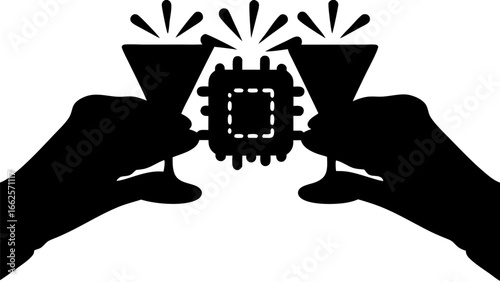 Two hands toasting with champagne glasses and a central computer chip in black and white style silhouette