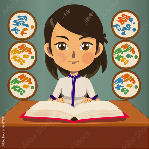 focused Thi cartoon icon tutoring juniors in mindful exam strategies with calculus in Hanoi