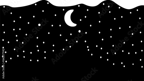 A night sky with a crescent moon and many stars against a wavy dark background illustration style image silhouette