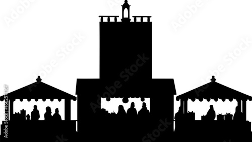 Silhouette of a town square with market stalls and a central tower structure against a white background