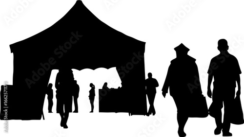 Silhouette of a market tent with people shopping and walking around in a black and white scene view