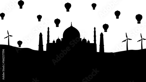 Silhouette of taj mahal with wind turbines and hot air balloons against a white background in landscape