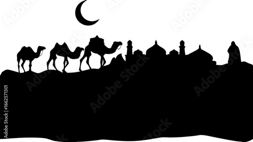 Silhouette of camels walking towards a city with a crescent moon in the sky on a white background