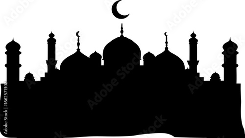 Silhouette of a mosque with domes and minarets under a crescent moon in a night time scene vector