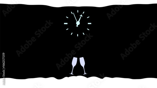 Illustration of a clock nearing midnight above two champagne glasses on a black and white background silhouette