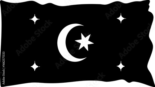 Black flag featuring a white crescent moon and a star with four additional stars on the flag 100 silhouette