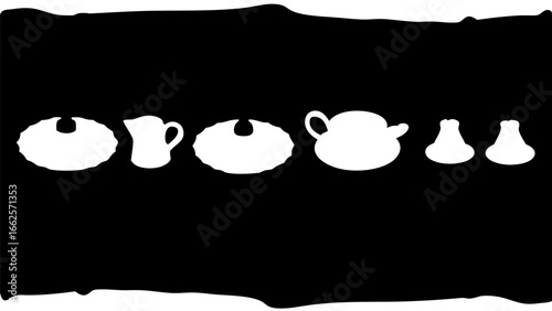 A monochrome silhouette of a tea set featuring plates, a creamer, a teapot, and sugar bowls aligned