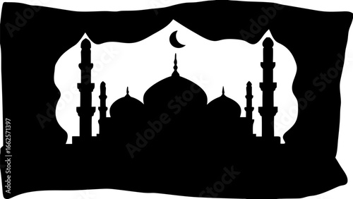 Silhouette of a mosque with minarets and domes under a crescent moon against a white backdrop design