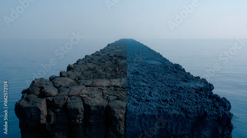 A symmetrical, abstract landscape of a narrow land bridge or causeway extending into a calm, misty ocean, with the surface texture clearly divided into two distinct halves.