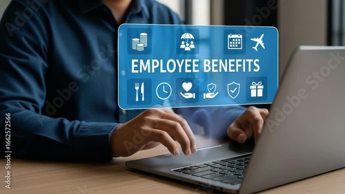 A person is typing on a laptop, with a digital display showing employee benefits icons and text