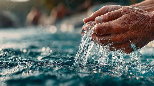 Elderly Hands Holding Fresh Flowing River Water