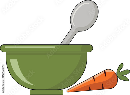 vector illustration of a ceramic mortar and carrot 